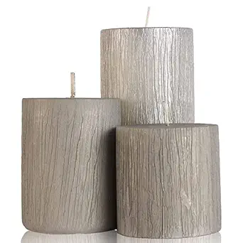 Floryn Decor Rustic Silver Metallic Pillar Candles for Home Decor | Dripless Candles | Silver Pillar Candles Set of 3 (Size- 3by6,3by4, 3,3 inches) (Burning Time- 30 to 90 Hours)