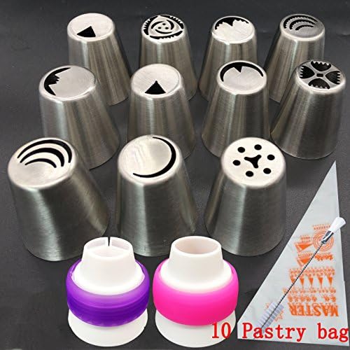Russian Icing Piping Nozzles Tips 24Pcs/set, Aixin 11pcs Stainless Steel Large Size Russian Piping tips + 1x Brush + 10x Pastry Disposible Bag + 2x Coupler Syringe Set Nozzle (11 set Nozzles Tips)