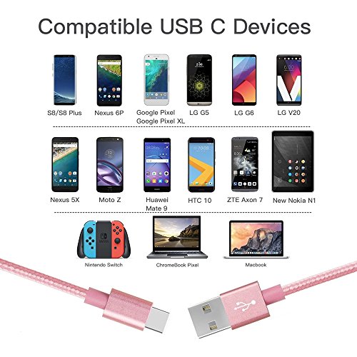 USB Type-C Kabel Nylon-lebenslange Garantie-TUOYA USB-C Ladekabel auf USB3.0 mit Nylon, Daten & Lade Type-C Datenkabel mit Aluminium Stecker für Samsung Galaxy S8 / S8 Plus, LG G5, Lumia 950xl/950, Nexus 5x/6p, OnePlus 3, und andere Type-C unterstützte Geräte (2pack-6,6ft/2m, Pink) - 5