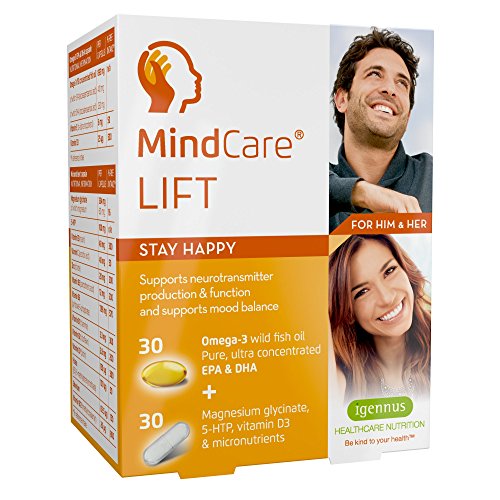 MindCare LIFT, suplemento alimenticio para estado feliz. Aceite de pescado salvaje omega-3 de alta resistencia, magnesio, 5-HTP y multivitaminas para mantener el equilibrio del estado de ánimo y el apoyo de la función cerebral y la producción de neurotransmisores, 60 cápsulas