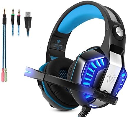 Gaming Headset Micolindun Microphone PC Headphone Gamer with Mic 3.5mm Bass Stereo Volume Control LED for PC, Laptop, Tablet and Smartphone, PS4 ( Splitter Adapter include)