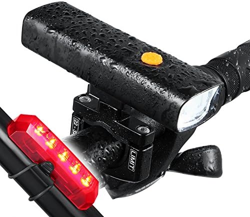 Amostik LED Bike Light Portable Charger - 800 Lumens Rechargeable Bicycle Headlight with USB Output Feature - Waterproof Bicycle Front Rear Light Set Fits ALL Bikes