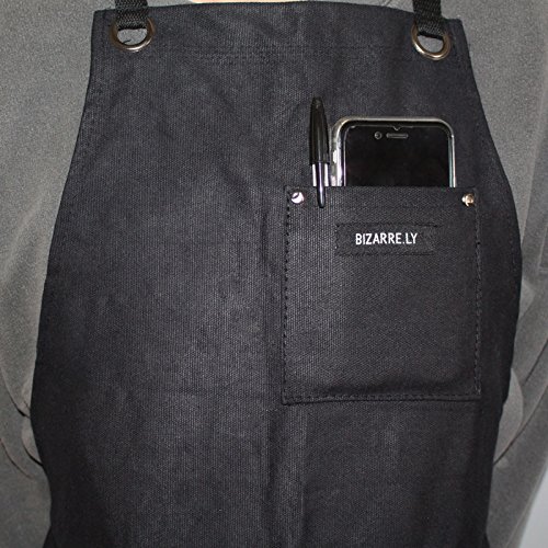 Robuste Arbeitsschürze Herren / Damen gewachstes Segeltuch, wasserdicht, schwarz von Bizarre.ly – einstellbar bis XXL, guter Sitz – ideal für Zuhause oder im Workshop – Taschen für Werkzeuge & Smartphone - 3