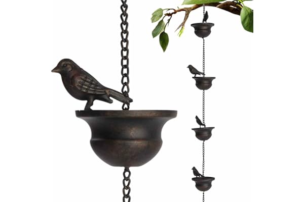 Pomurom Pluie pour Gouttières, 2,4 Chaîne d'eau Pluie en Métal, Pluie avec Crochet et 8 Oiseaux pour évacuer l'eau, Attrape Pluie Jardin, Pluie pour Décoration Jardin