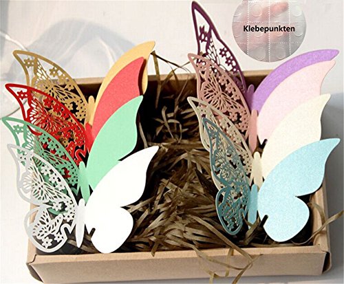 ElecMotive 80 Stück in 8 Farbe 3D Schmetterlinge Platzkarten Wandsticker mit Hohl-Muster in den Flügeln für Hochzeit Party Haus Deco