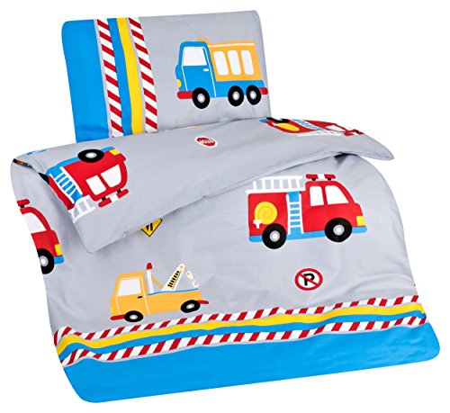 Aminata Kids - bunte Kinderbettwäsche Bettwäsche Kinder 100x135 Jungen Baumwolle Feuerwehrauto Fahrzeuge Automotiv Auto LKW Reißverschluss RV Kleinkinder Autos Jungs-Motiv