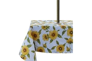 SUQ I OME Patio Outdoor Tablecloth with Umbrella Hole and Zipper,Garden Tablecloth for Host Backyard Parties, BBQs,Family Gatherings(Sunflower,60'' Square with Zipper)