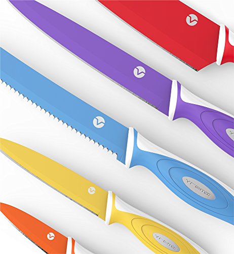Vremi 10 Stück Buntes Messerset – 5 Küchenmesser mit 5 Messerhüllen – Edelstahl-Messer-Set mit Wellenschliff und Gemüsemesser – Mehrfarbige messer mit Farbiges passendes Gehäuse - 6