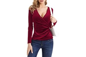 Rongseng Camiseta de Manga Larga Blusa Elegante de Terciopelo Sexy Cuello en V Jersey Ajustadas Pullover Informal Suaves Túnicas Tops para Otoño Invierno
