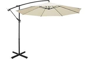 LIFERUN 300cm Parasol Voladizo Paraguas, con Soporte en Cruz, Manivela, Paraguas con 8 Varillas, Sombrilla, Protección Solar UV 50+ para jardín, Patio, Playa, Piscina, Café, 180 g/m²