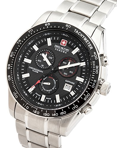 Swiss Military Men's Quartz Watch with Black Dial Chronograph Display and Silver Stainless Steel Bracelet 6-5225.04.007