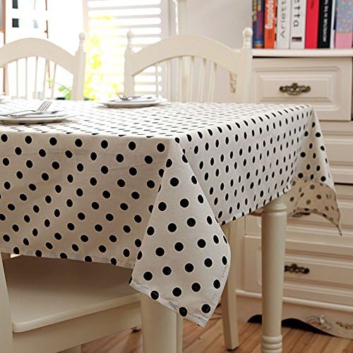 QiuQiu Cotton Fabric Table Cover Black &amp; White Polka Dots Tablecloth Cover Protector Wipe Clean, 140 cm x 200 cm