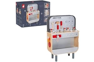 Janod - Mesa de Trabajo Reversible Brico'Kids - Con 28 Accesorios - Taller en la parte delantera y rampas con 2 coches en la parte trasera - Juguetes de imitación, de 3 a 8 años, J06476