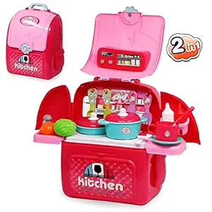 LUCHILA Kitchen Set for Kids Girls Cooking Set Pretend Play Toy with Water Tap Light and Sound Toy Battery Operated Kitchen Playset Birthday Gift for Girls 26 Pcs Kitchen School Backpack