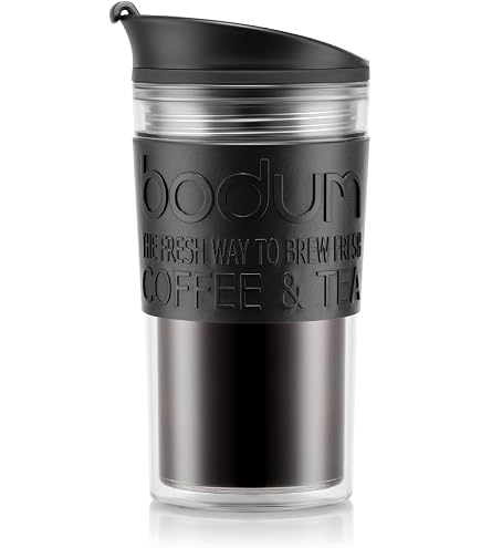 Bodum JOYCUP Reisebecher – Doppelwandig, 0,25 L, Mit Schwarzem Silikonband, BPA-frei