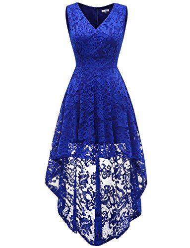 Dressystar Elegante Mujer Escote V Sin Manga Vestido Cocktail Hi-lo Flor Encaje Azul Real M