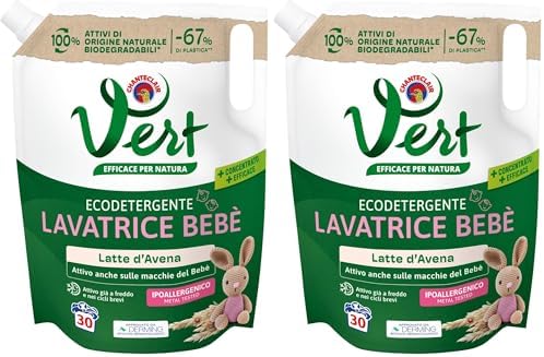 Vert - Ecodetergente Lavatrice Bebè - Fragranza Latte d'Avena, 100% Origine Naturale, Superefficace anche sulle Macchie del Bebé, Ipoallergenico, per Pelli Sensibili - Flacone da 1200 ml, 30 Lavaggi