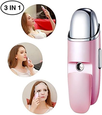 Facial Mist Sprayer, 3 in 1 Portable Handy Nano Facial Mist Sprayers of Rechargeable Moisturizing and Hydrating Mini Steamer Face Massager Moisture Tester for Home, Office and Outdoor (Pink)