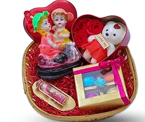 Valentines Day Gift for Girlfriend/boy Friend/Valentines Day Chocolate Gift-Decorated Basket+Chocolate Box+Couple Statue+3pc Roses and Teddy Bear in Heart Box+Message Bottle+Valentines Card