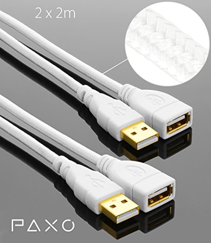 2 x 2m Nylon USB Verlängerung weiß, A-A / USB Verlängerungskabel, Goldstecker, geflochtenes Kabel (braided), mit Kabelklett