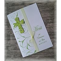 Menü Menükarte Speisekarte Kommunion Konfirmation Firmung Taufe Kreuz christliche Symbole apfelgrün hellgrün grün kiwi