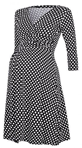 Happy Mama Womens Maternity Polka Dot Dress 3/4 Sleeve Spot Dress 017p (Black with Dots, UK 16/18)