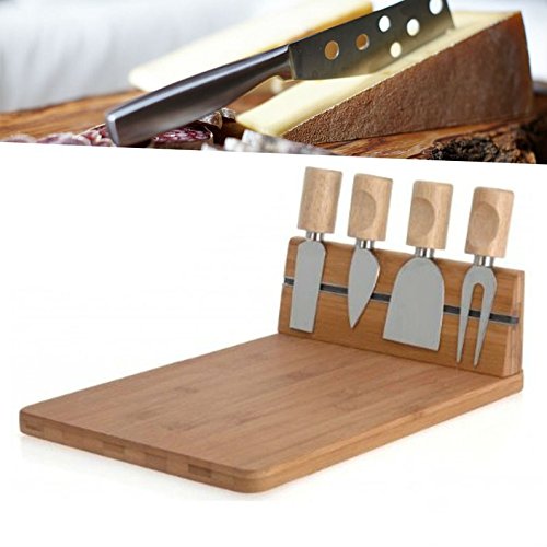 JUNEO TKSTAR bambú para quesos con 3 Cuchillos de Queso y 1 Varilla de Queso Cuchillas Son de Acero Inoxidable con Asas de Madera