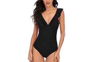 MISOLIN Maillot de Bain 1 pièce pour Femme Costume de Natation à col en V à Volants Contrôle Ventre Bikini Amincissant Push Up Monokini