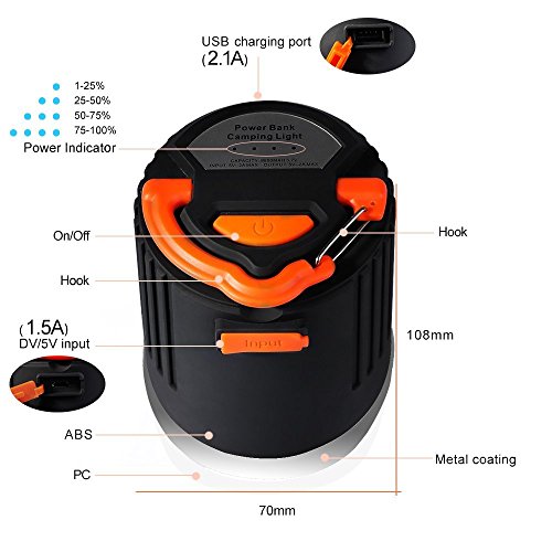 Camping Laterne, Sunvito 2-in-1 LEDs Camping Lampe und 10400mAh Power Bank, IP65 wasserdicht wiederaufladbar, Laterne Ideal für Notfall,Camping Wandern Angeln (USB-Anschluss) - 5