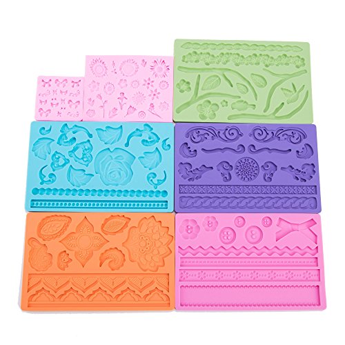 DecoCraft – 8 Stück verschiedene Kuchensilikon Kuchendekorationsdesigns und Ränder Glasurformen für Kuchen/ Cookies und Cupcakes – Rosen/ Herzen/ Blätter/ Perlen/ Ränder/ gemischte Blumen/ Schleifen/ Knöpfe + KOSTENLOSE Broschüre mit Hinweisen und Tipps - 5