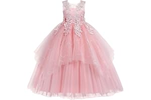 IBTOM CASTLE Flower Girl Dresses Sleeveless Floral Lace Princess Tulle Tutu Junior Bridesmaid Wedding First Communion Pageant Birthday Party Maxi Prom Gown