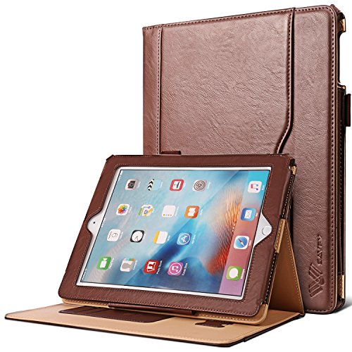 SAVFY iPad 2/3/4 Hülle Auto Sleep Wake up Funktion Business Serie Case Smart Cover mit Klettverschluss Handschlaufe, Kartensteckplätze braun