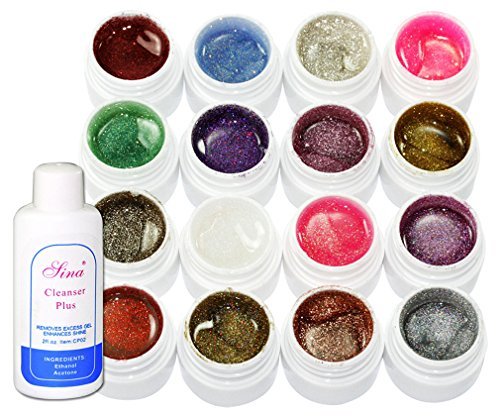 16Pcs x Each Mix Glitter Colours UV Gel Nail Art Glitter Dust+Cleanser Z065 UK