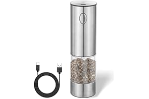 BILLYBATH Molinillos de sal y pimienta eléctricos, mecanismo de cerámica ajustable sin niveles, de acero inoxidable, recargable por USB, con ventana, iluminación LED