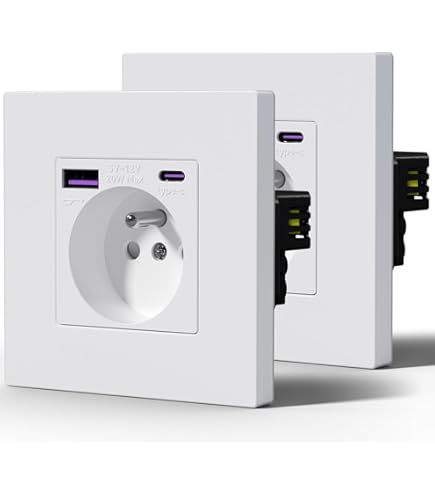 Prise Murale Française Avec USB-C Et USB - 2 Prises + Ports De Charge, Blanc, 16A, Sécurité Enfant