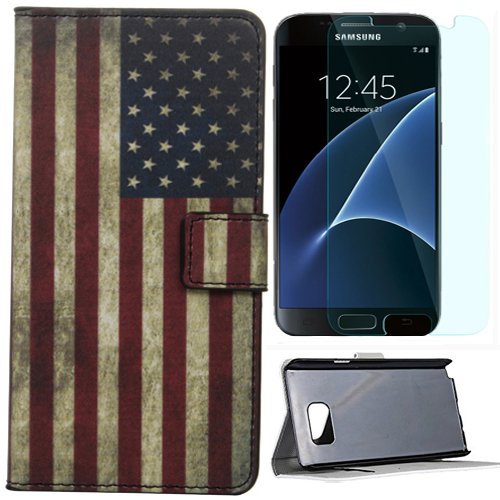 Semoss 2 in 1 Zubehör Set Retro USA American Flagge Handyhülle Leder Schutzhülle für Samsung Galaxy S7 Edge PU Wallet Leder Lederhülle Gliter Ledertasche Magnetverschluss Magnetic Bookstyle Multi-Function Protektiv Tasche Hülle Schutz Etui Schale Schutzhüllen mit Displayschutzfolie