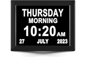 Gsituk Dementia Clock 7.85'' Digital Calendar Clock 5 Alarm 3 Medicine Reminder AM PM Day Date Wall Clock for Seniors Elderly Vision Impaired Memory Loss-Black
