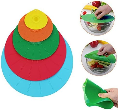 Silicone Suction Lids - Set of 5 Colorful Food Covers - Microwave Safe BPA Free Mugs Pots Bowls Lids