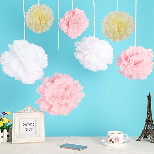 Fanaticism 30 Stück Seidenpapier Pompons Hochzeit Party Deko, weiß rosa crème – 10x Ø20, 10x Ø25, 10x Ø30 cm - 2