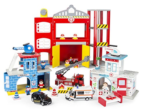 Preisvergleich Produktbild Leomark Feuerwache aus Holz mit dem Feuerwehrauto SCANIA Helikopter Feuerwehrmann Figuren Feuerwehrstat + Krankenhaus mit Krankenwagen + Polizeistation mit Polizeiwagen Holzgarage mit Metallautos