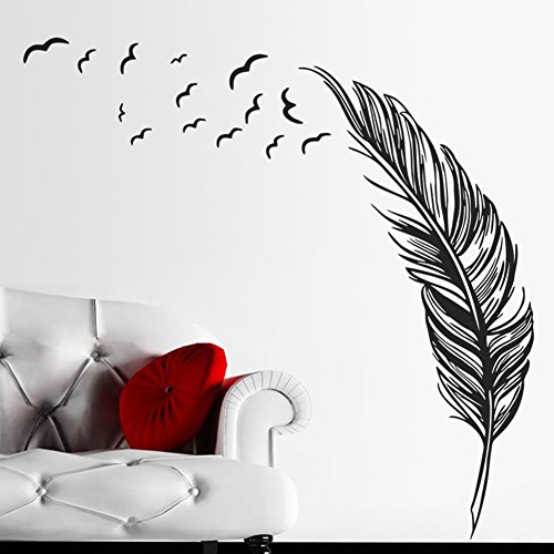 Federn Wandbild Wandtattoo Wandaufkleber Blumen Wandsticker Wandbilder Aufkleber Deko. PVC abnehmbar L Black