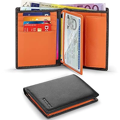 TEEHON Portefeuille Homme en Cuir Véritable Porte-Monnaie avec Blocage RFID/NFC 13 Porte Carte Crédit, 2 Compartiment à Billets, Grande Poche à Monnaie, Classique Porte Feuille Noir Orange