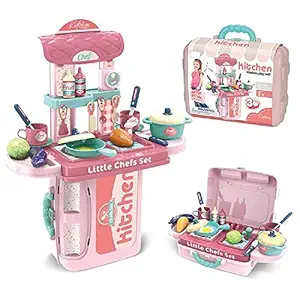 REAVIAN 3 in 1 Kitchen Cooking Pretend Play Set Suitcase Toy, Gift for Boys Girls 3-8 Years Old Kids Great Gift