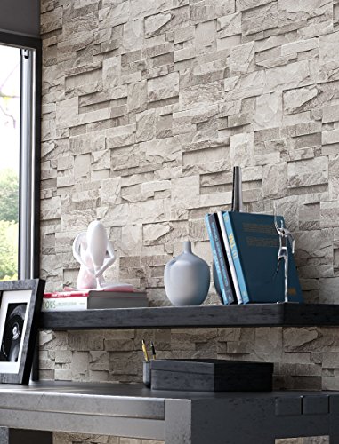 Steintapete Vliestapete Grau , schöne edle Tapete im Steinmauer Design , moderne 3D Optik für Wohnzimmer, Schlafzimmer oder Küche inklusive der Newroom Tapezier Profibroschüre mit Tipps für perfekte Wände - 3