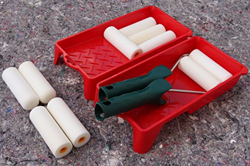 Lackier Set: 10 x Schaumwalzen 11cm gerade + 2 x Farbroller Bügel und 2 x Farbwanne