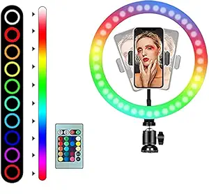 KAQIE 10 inch LED Selfie Ring Light Professional Ringlight for Tiktok YouTube Reels Photo-Shoot Video Stream Makeup Vlogging and Shooting with Mobile Holder (RGB-10inch Without Tripod)