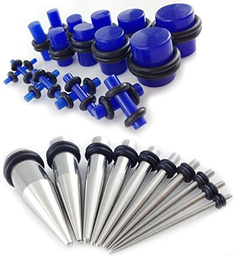 Gauge Gear® 28 Pc Ear Expander Kit- Stainless Steel Tapers and Blue Glow Plugs 1.3mm-10mm