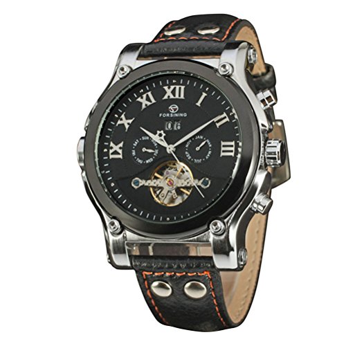 Preisvergleich Produktbild PIXNOR Mechanische Automatik Quarz-Armbanduhr Datumsanzeige Skelett Kunstleder Herren-Armbanduhr