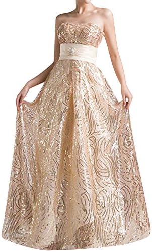LaoZan Chic Womens Sequin Slim Strapless Long Dress Back Decorated with Bow - Champagne - M (86CM/34")