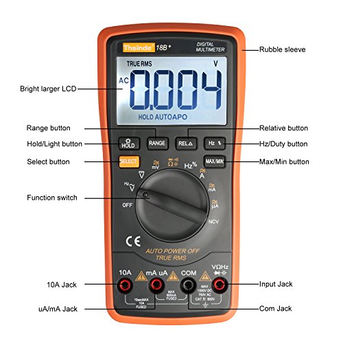 Thsinde Digital Multimeter mit Automatischer Bereichswahl (Auto-Ranging), hintergrundbeleuchtetem LC-Display (6000 Counts), mit Messleitungen und Krokoklemmen. Zur Gleich- und Wechselspannungsmessung mit Spannungswarnung, Strom-, Widerstands- und Diodenmessung, Durchgangsprüfung und Frequenzmessung. Äußerst praktisch für alles rund um’s Haus, für Elektronik- und Heimwerkeranwendungen. - 2